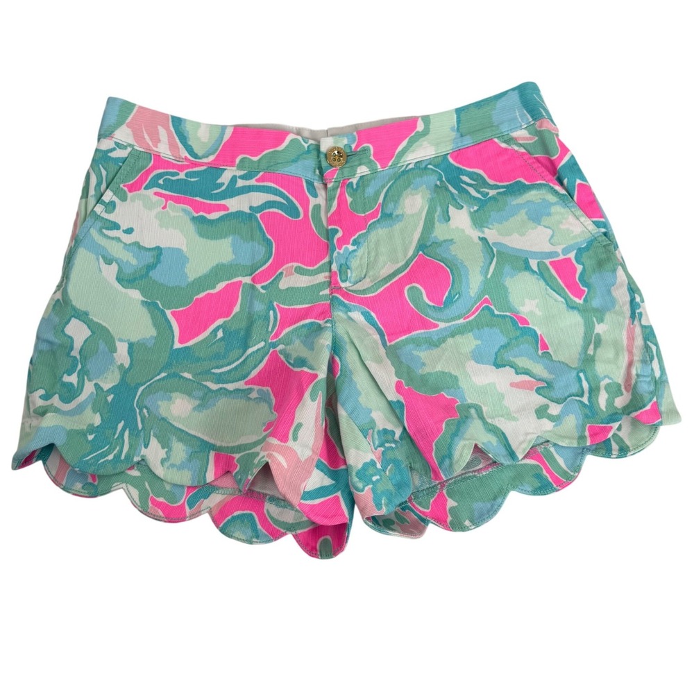 Lilly Pulitzer Buttercup Shorts‎ Scalloped Hem Pink Teal Print Womens Size 8 EUC